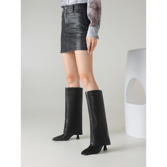 Women's Black  Leather Slouchy  Knee High Pointed Toe Folded Shark Stylish Boot - Picture 6 of 6